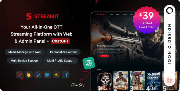 Streamit Laravel 1.6.1 + Flutter 1.6.0 – 基于 Laravel 和 ChatGPT 的电影、电视节目、视频流媒体平台